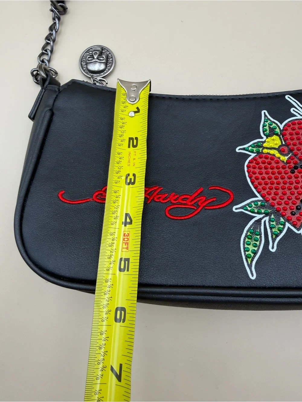 Ed Hardy Love Hearts Rhinestone Black Baguette Shoulder Bag Y2K Tattoo